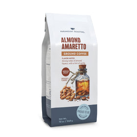 Paramount Roasters Almond Amaretto ground coffee in a jar preserves freshness and aroma.