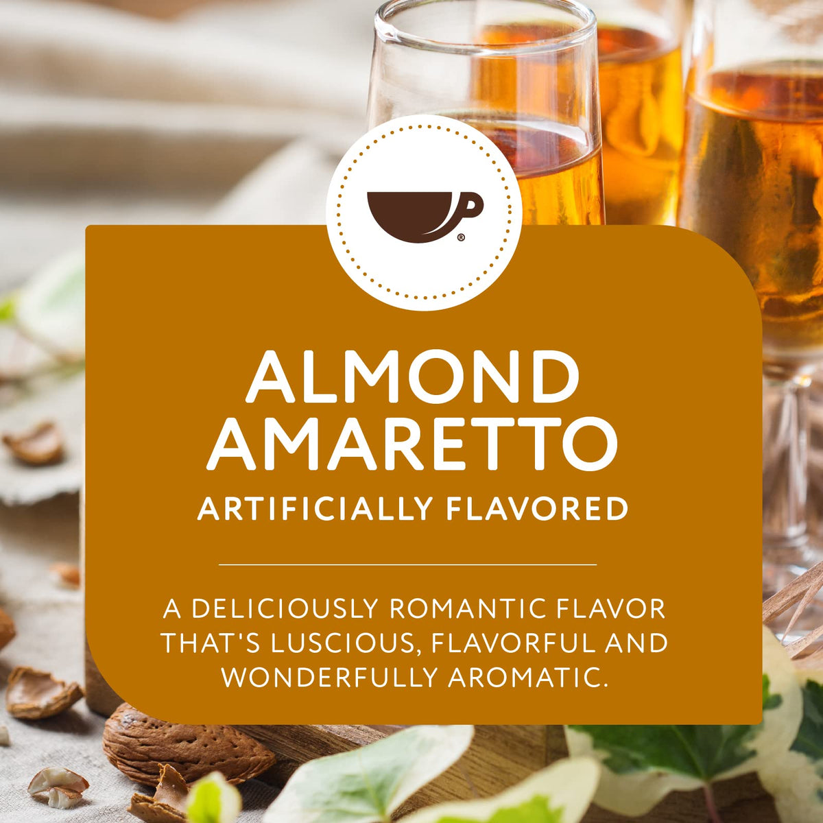 Paramount Roasters almond amaretto ground coffee in a steaming cup.