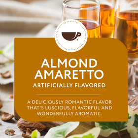 Paramount Roasters almond amaretto ground coffee in a steaming cup.