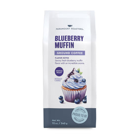 Paramount Roasters Blueberry Muffin Ground Coffee bag shows easy-to-use fresh-ground option for busy mornings.