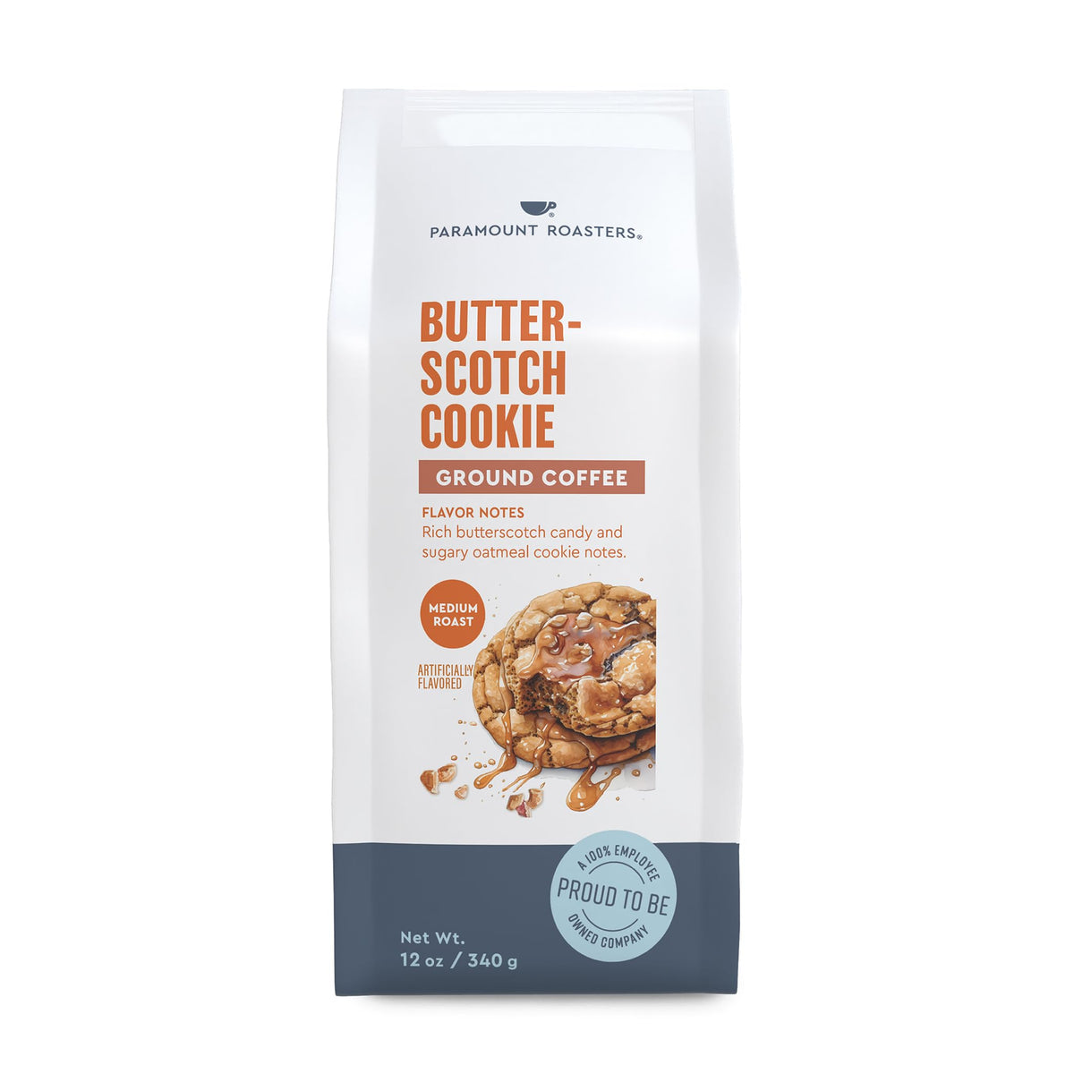 Paramount Roasters Butterscotch Cookie ground coffee bag front, inviting cozy morning ritual.