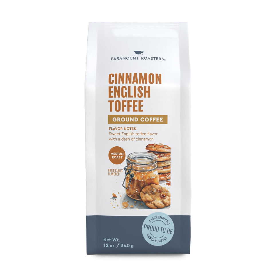 Paramount Roasters Cinnamon English Toffee ground coffee in a 12oz bag, bold aroma