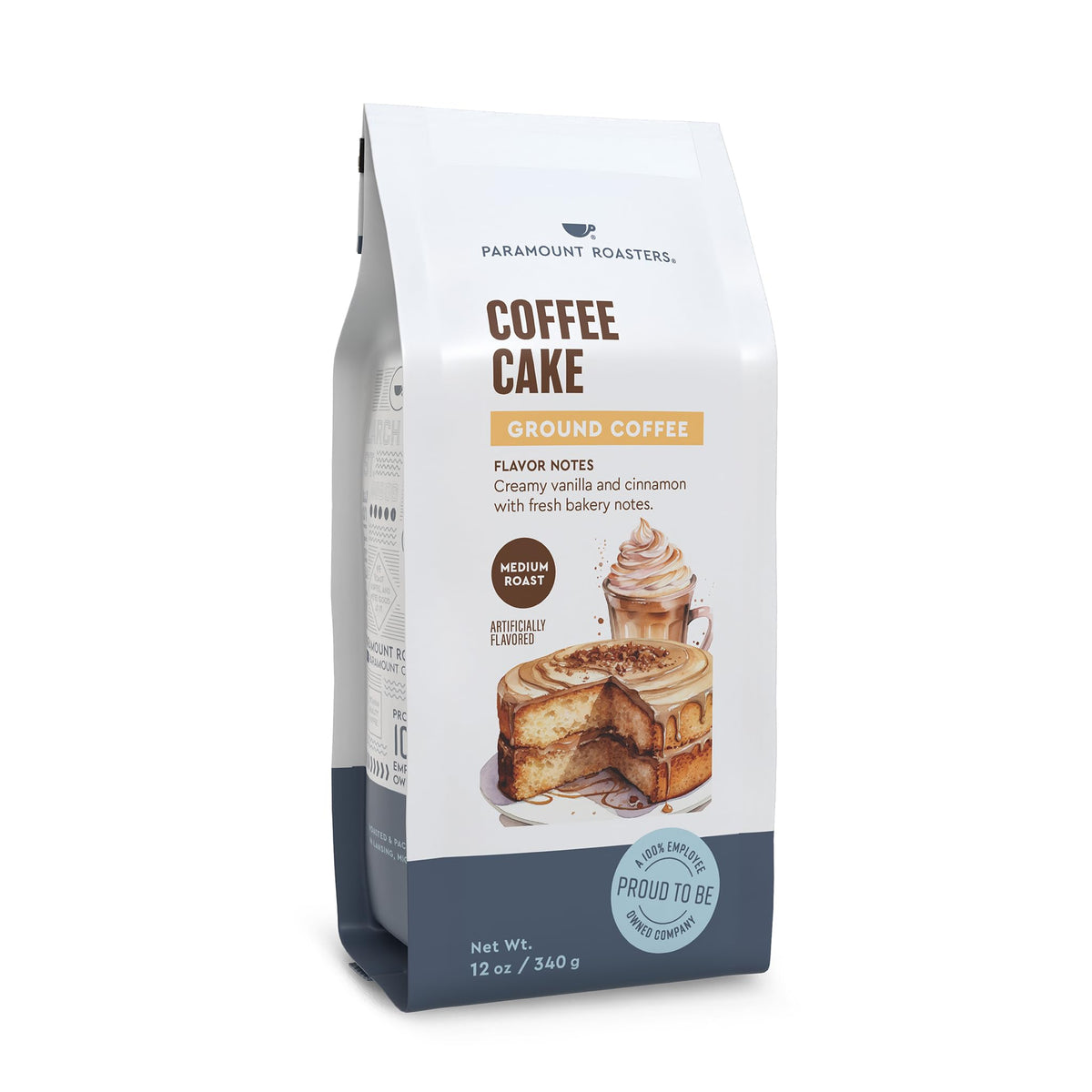 Paramount Roasters Coffee Cake bag front, showcasing vanilla and cinnamon aroma.