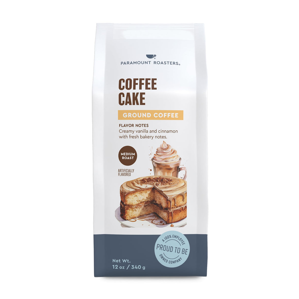 Paramount Roasters Coffee Cake flavored ground coffee packaging, ready for a fresh brew.