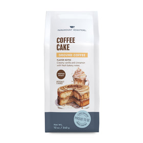Paramount Roasters Coffee Cake flavored ground coffee packaging, ready for a fresh brew.