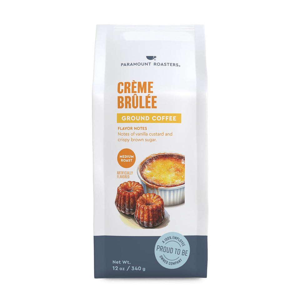 Paramount Roasters Creme Brulee ground coffee 12oz bag with rich morning aroma.