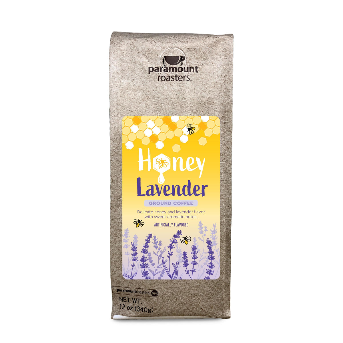 Paramount Roasters Honey Lavender ground coffee bag with a fresh aroma for daily brewing.