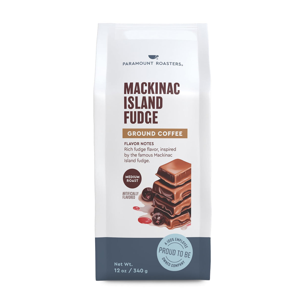 Paramount Roasters Mackinac Island fudge coffee 12oz front pack, gift-ready display