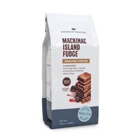 Paramount Roasters Mackinac Island fudge coffee ground bag closeup, premium-ground appearance
