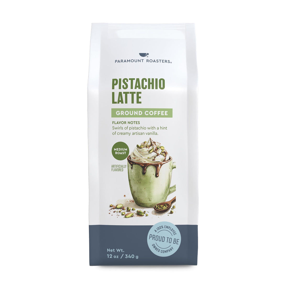 Paramount Roasters Pistachio Latte label highlighting artificial flavoring and dairy-free appeal