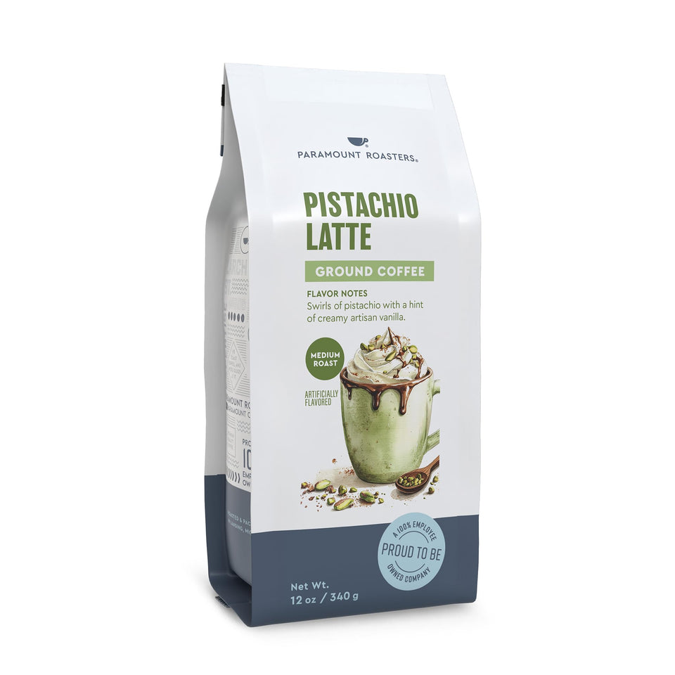 Paramount Roasters Pistachio Latte ground coffee bag ready to brew with medium roast aroma
