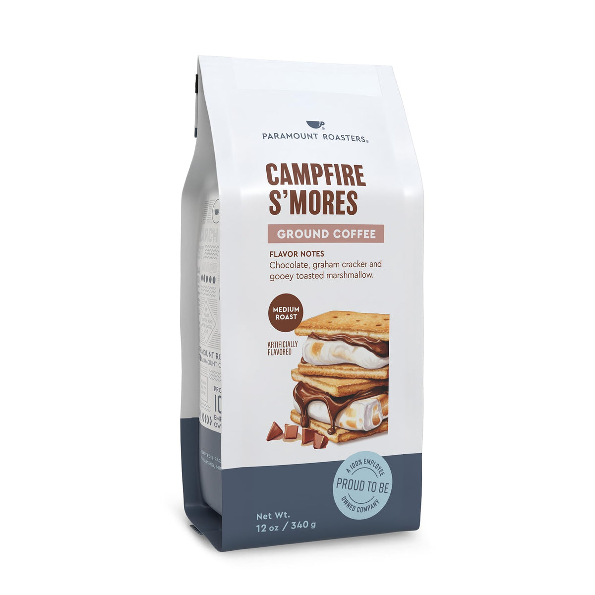 Paramount Roasters S'Mores ground coffee bag showing chocolate and marshmallow notes for cozy mornings.
