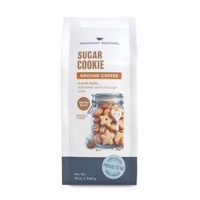 Paramount Roasters Sugar Cookie Ground Coffee 12oz bag label shows roast details and flavor notes.