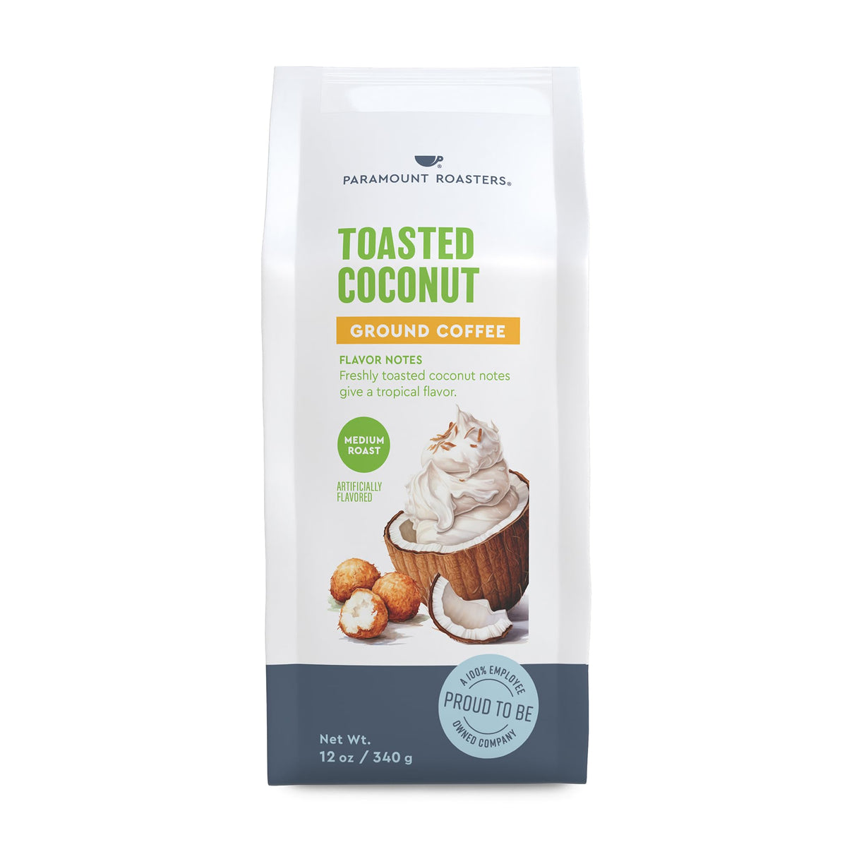 Paramount Roasters toasted coconut coffee pack-shot shows a fresh 12 oz bag for mornings.