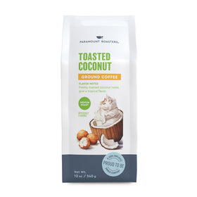 Paramount Roasters toasted coconut coffee pack-shot shows a fresh 12 oz bag for mornings.