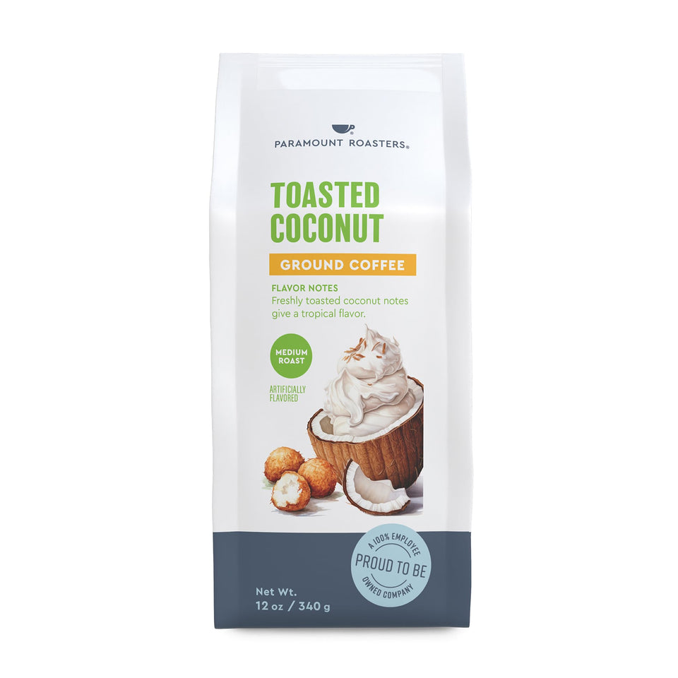 Paramount Roasters toasted coconut coffee pack-shot shows a fresh 12 oz bag for mornings.