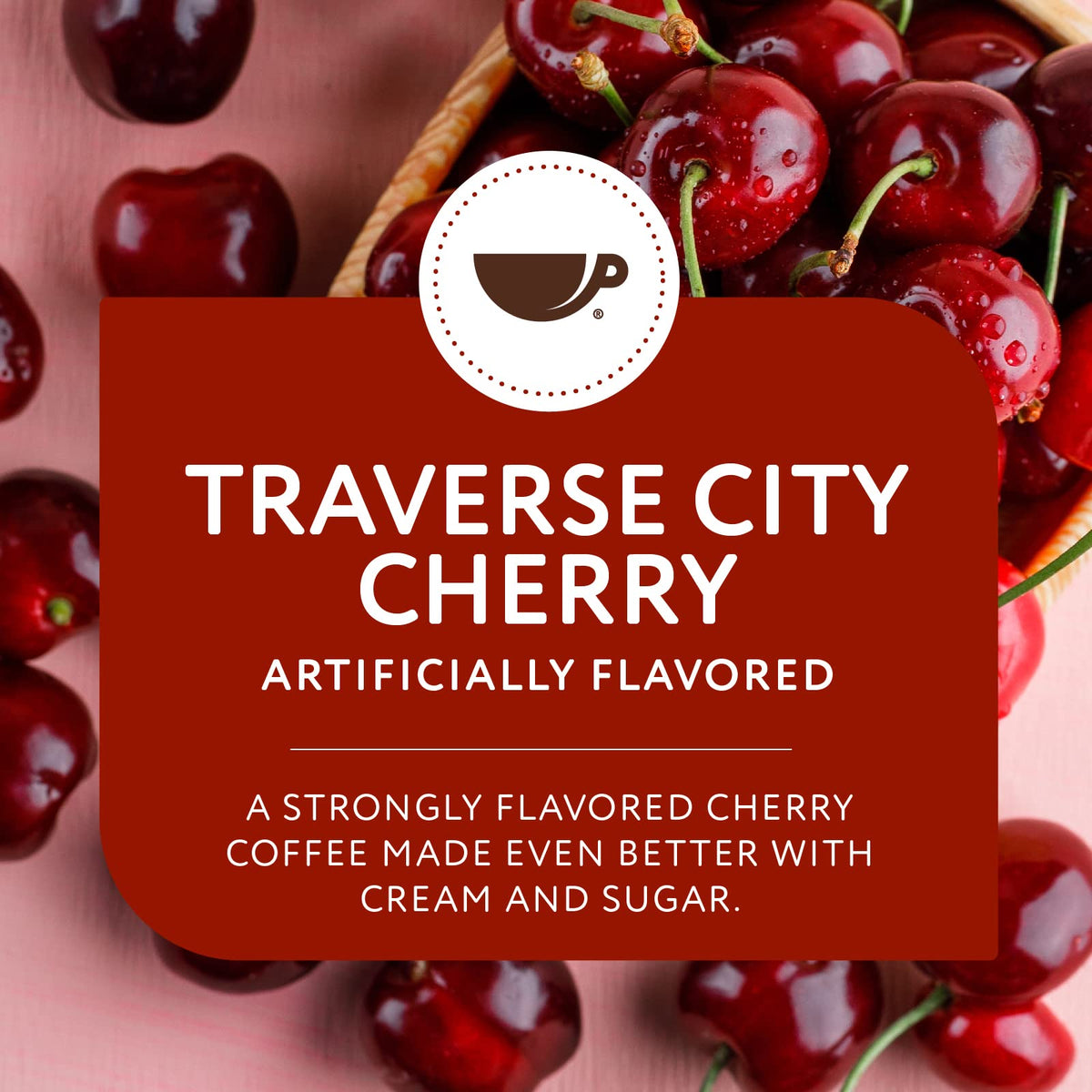 Steaming cup of Paramount Roasters Traverse City Cherry coffee, inviting aroma.