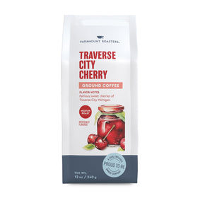 Traverse City Cherry coffee ground close-up, bold aroma ready for a smooth morning brew.