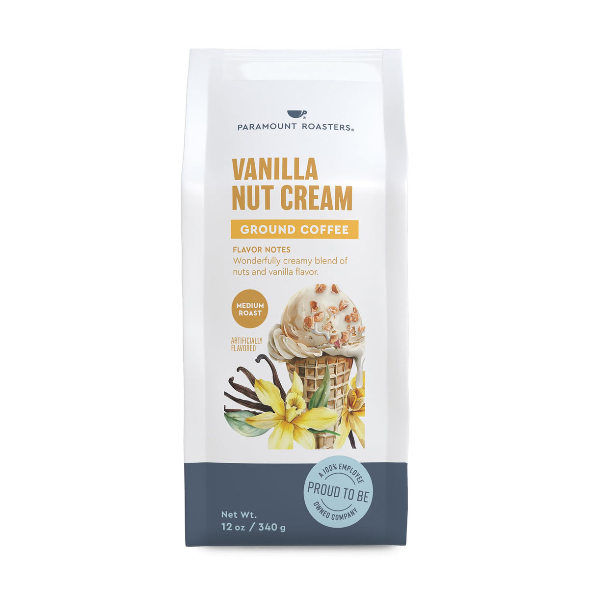Paramount Roasters Vanilla Nut coffee bag showing vanilla and hazelnut aromas for everyday enjoyment.