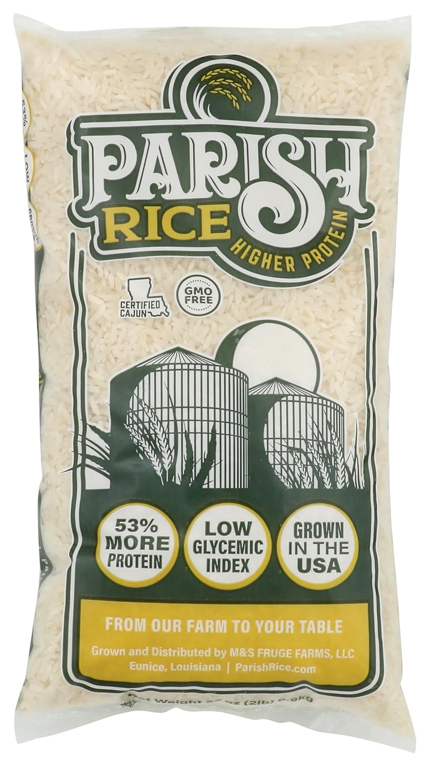 Parish White Rice 2lb bag showing premium local long-grain packaging for everyday meals