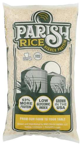 Parish White Rice 2lb bag showing premium local long-grain packaging for everyday meals