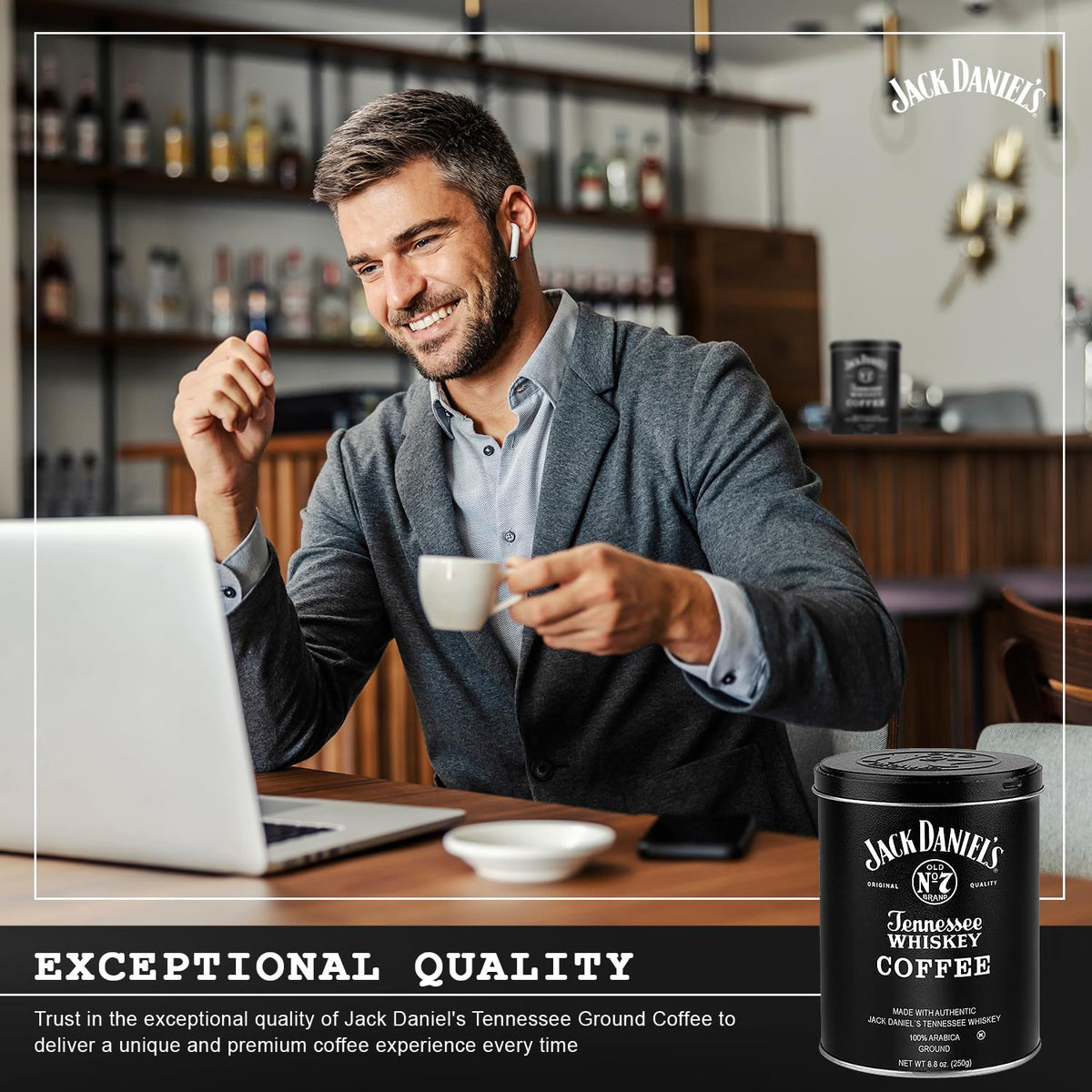 Jack Daniel’s coffee mug hinting at whiskey-inspired moments.