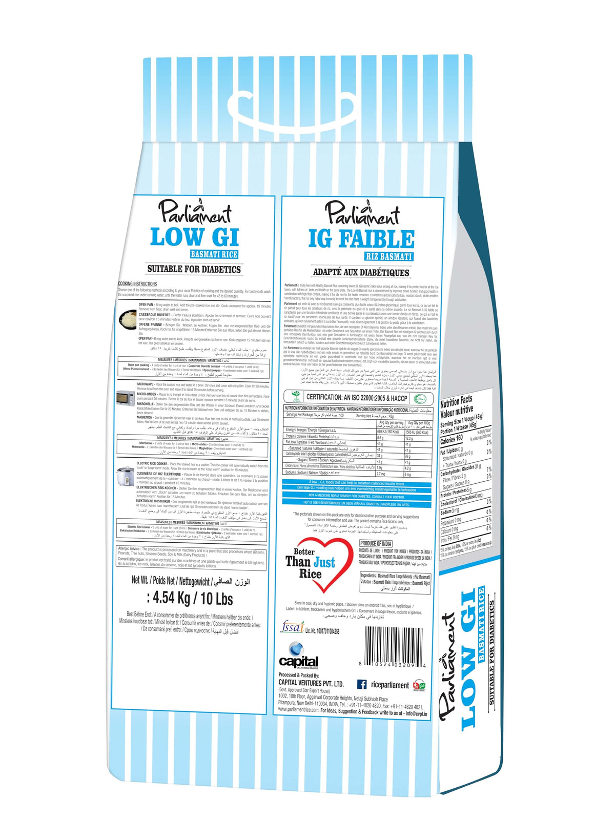 Parliament Basmati Rice on pantry shelf shows long-grain quality.