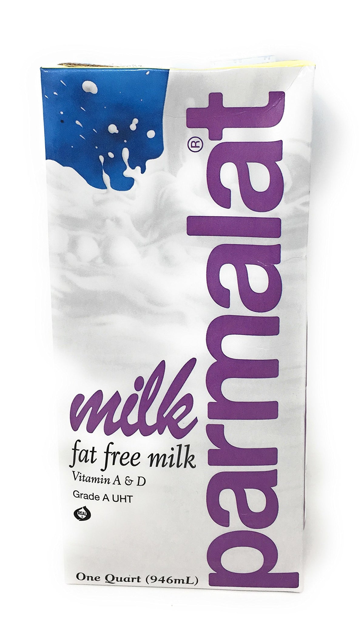 Parmalat fat free UHT milk carton front view showing shelf-stable real milk in pantry