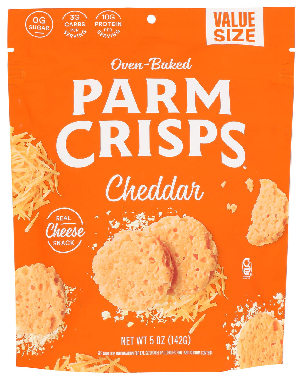 Parmcrisps cheddar oven-baked crisp in bag, a crunchy cheese snack you can enjoy anywhere