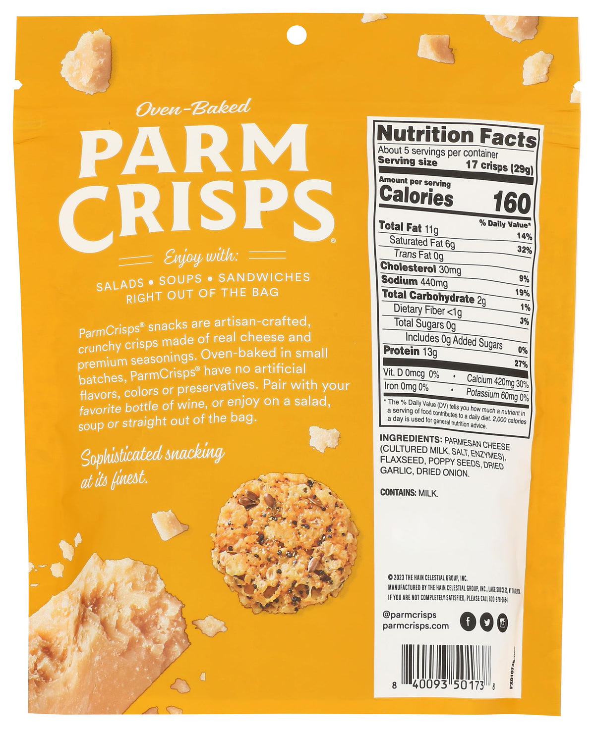 Close-up of Parmcrisps Everything Cheese cracker showing cheese-forward crunch for dipping.