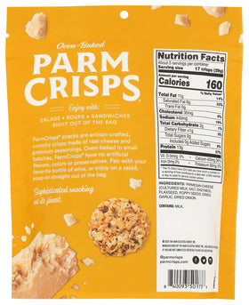 Close-up of Parmcrisps Everything Cheese cracker showing cheese-forward crunch for dipping.