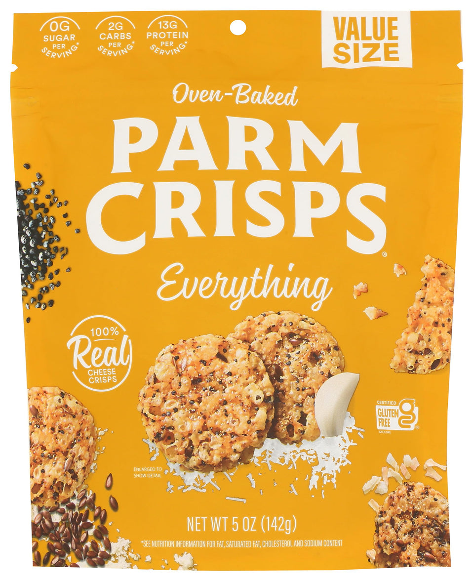 Parmcrisps Everything Cheese crackers in packaging, ideal for on-the-go snacking.