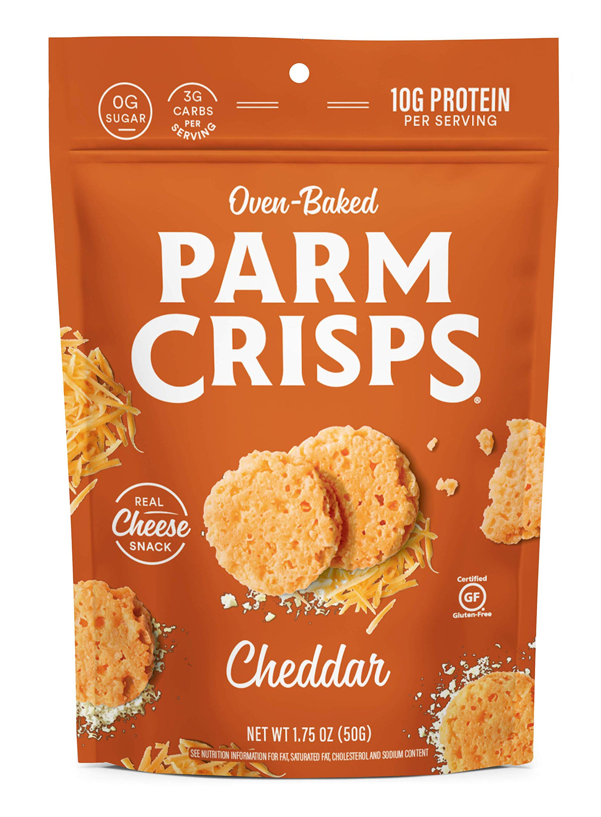 ParmCrisps Four Cheese crisp; rich, savory crunch, no sugar.