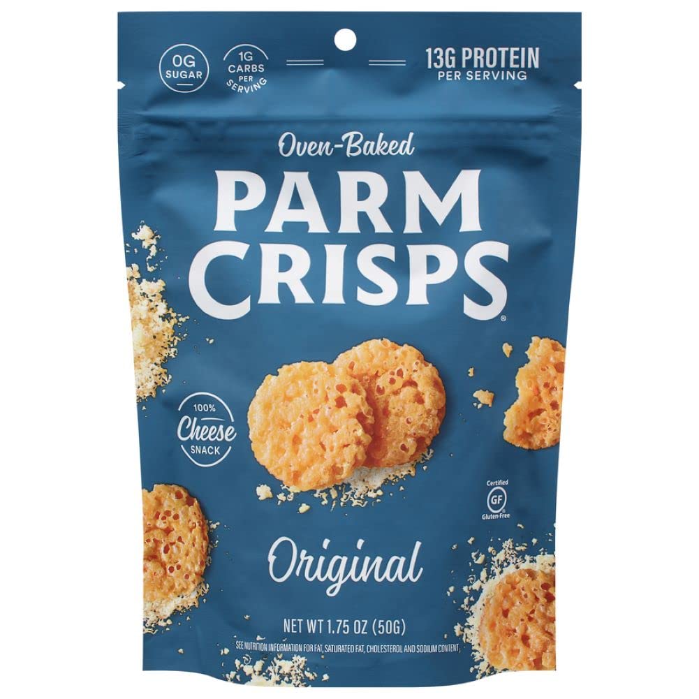 Parmcrisps Original bag with crispy parmesan crisps, ideal for wine pairing