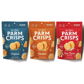 ParmCrisps Original Parmesan crisps on a shelf; gluten-free, low-carb snack.