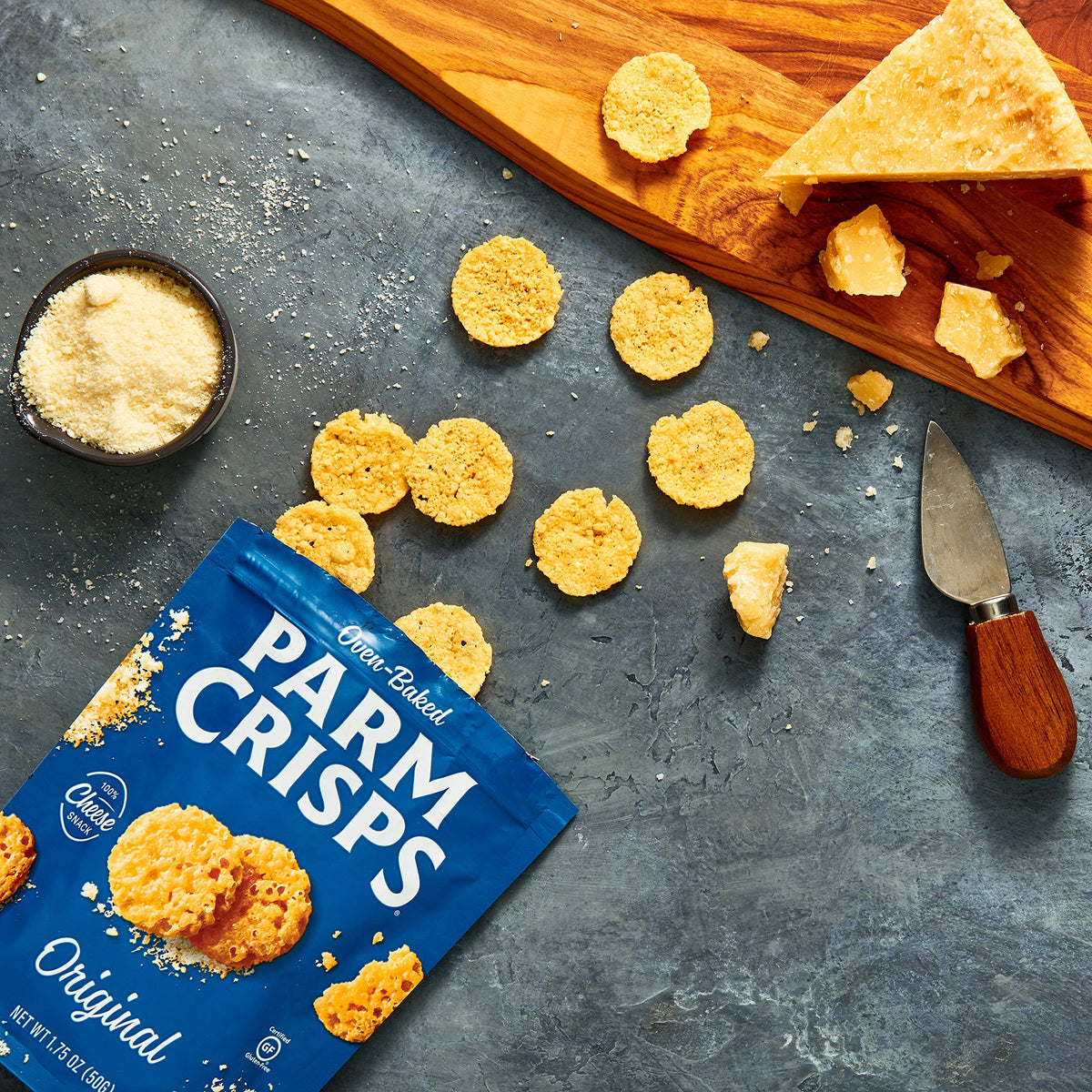 ParmCrisps with wine glass; elegant snack pairing option.