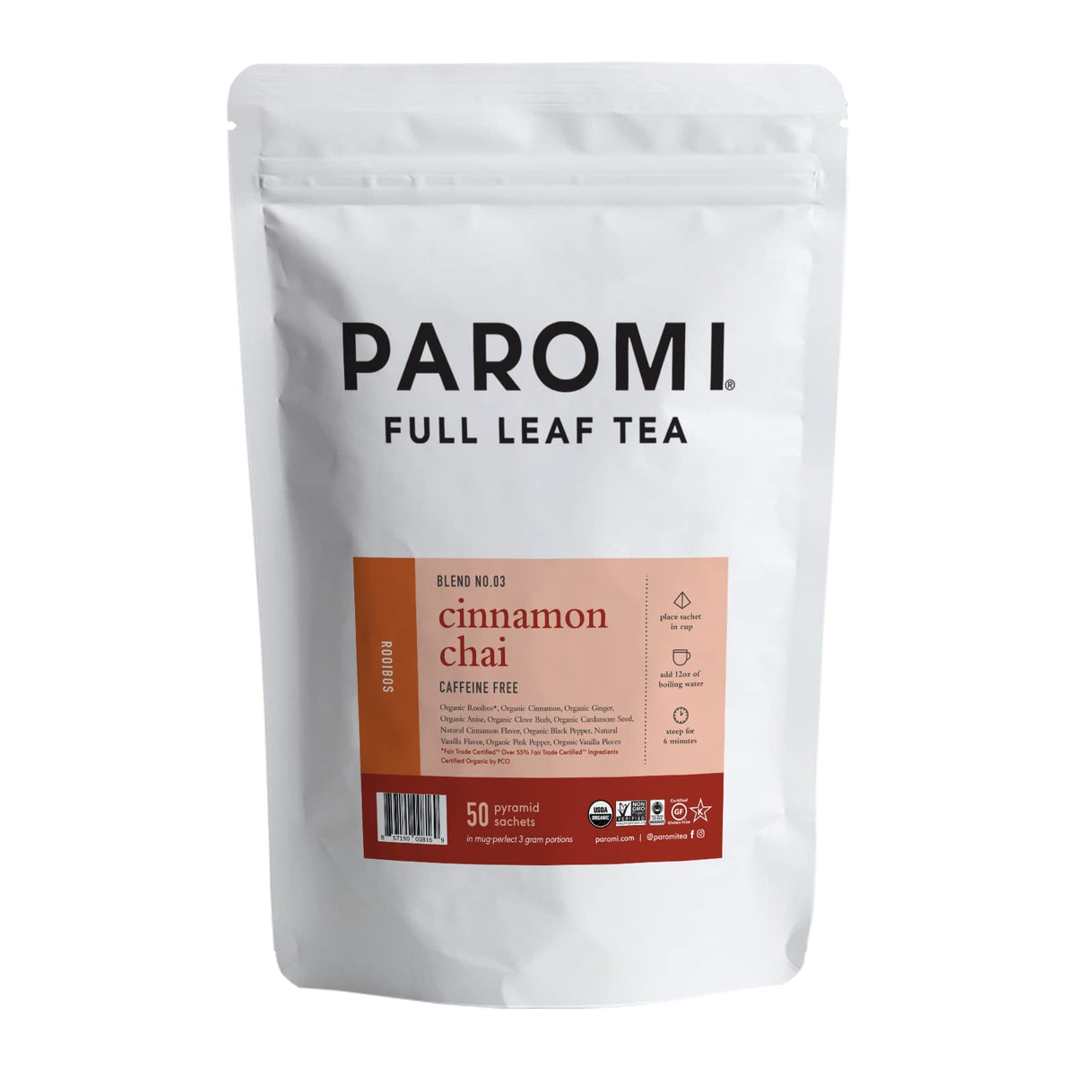 Paromi Cinnamon Chai Rooibos in a glass jar preserves freshness for fragrant everyday tea moments