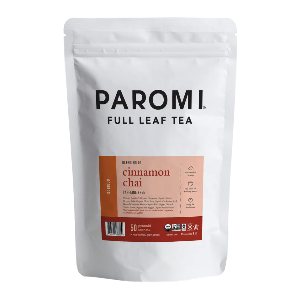Paromi Cinnamon Chai Rooibos in a glass jar preserves freshness for fragrant everyday tea moments