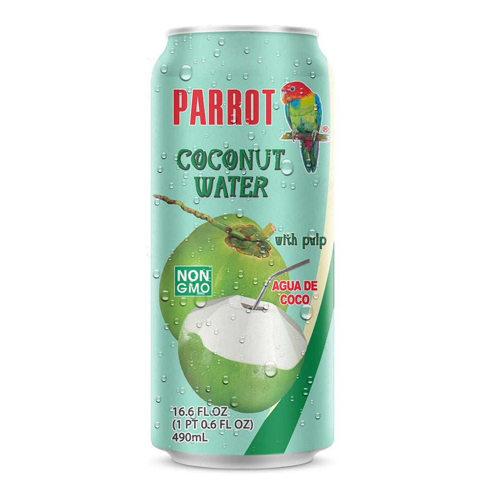 PARROT coconut water with pulp bottle front highlights natural hydration and real pulp.