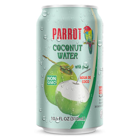 PARROT coconut water with pulp bottle pour highlights natural hydration after workouts