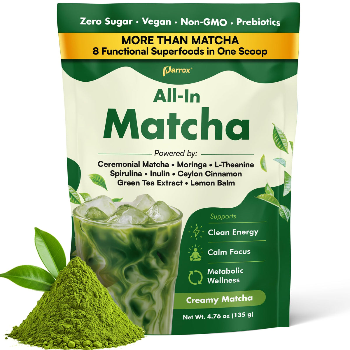 Parrox ceremonial matcha powder in a bowl, ideal for a smooth latte.