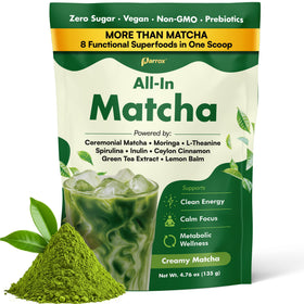 Parrox ceremonial matcha powder in a bowl, ideal for a smooth latte.