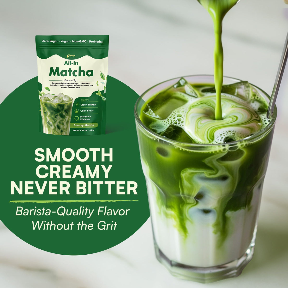 Parrox spirulina latte offers vibrant color and nutrient-dense benefits.