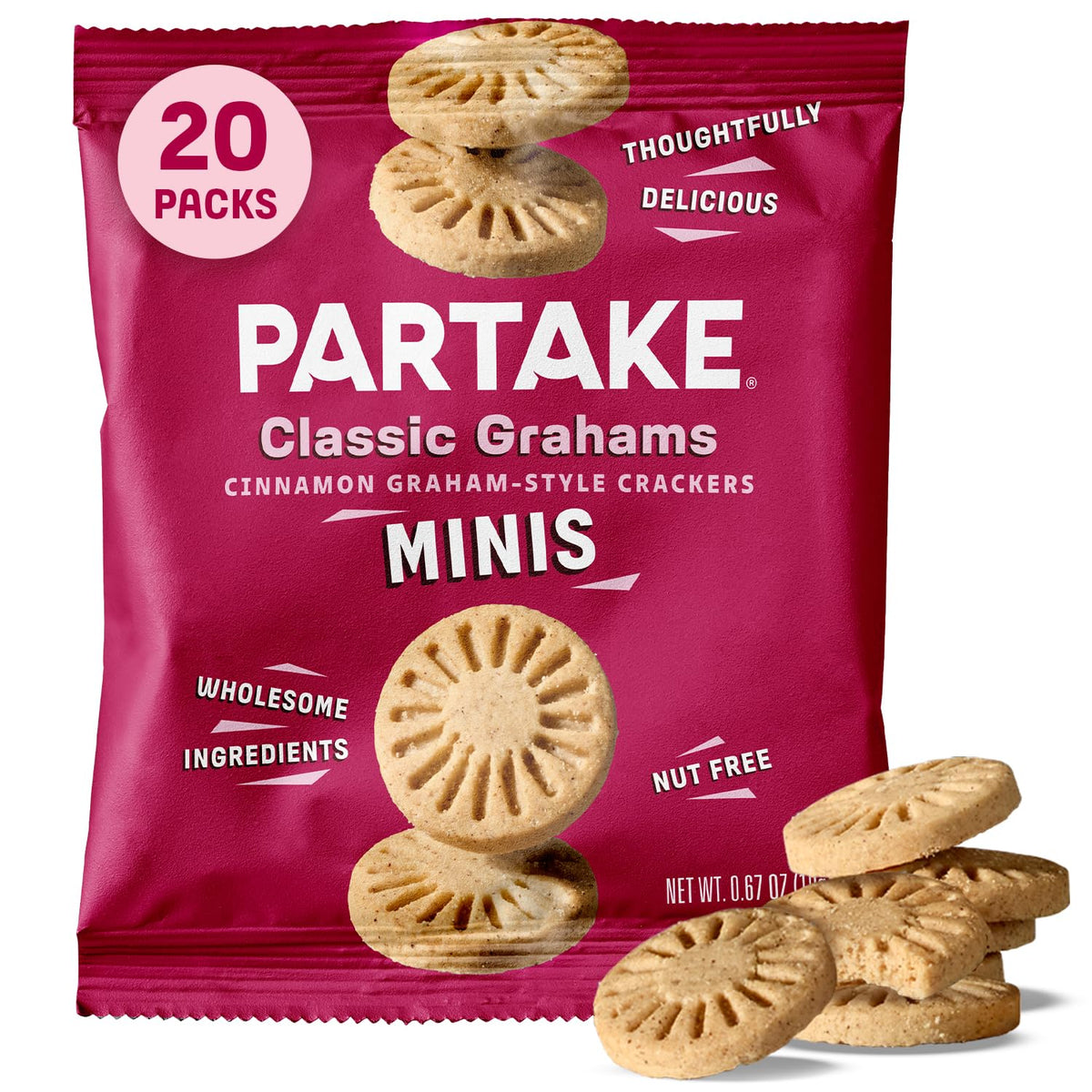 Partake Classic Graham Cracker Minis pack on a shelf, a safe allergen-free snack option.