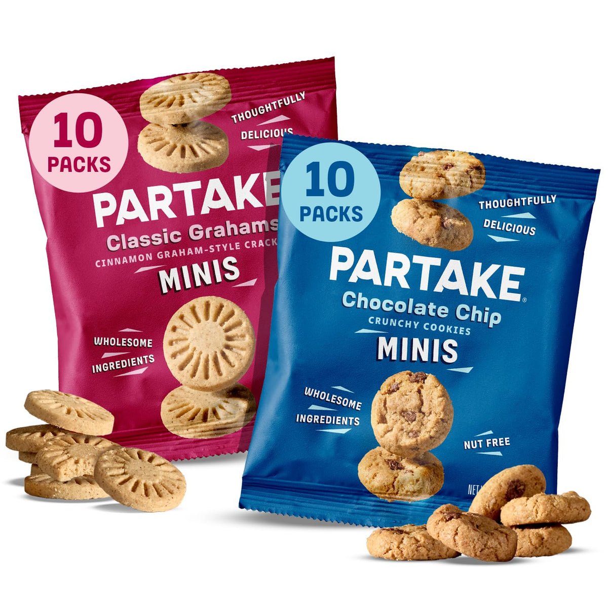 Partake crunchy chocolate chip cookies pack shows allergen-free family snacks.