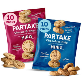 Partake crunchy chocolate chip cookies pack shows allergen-free family snacks.