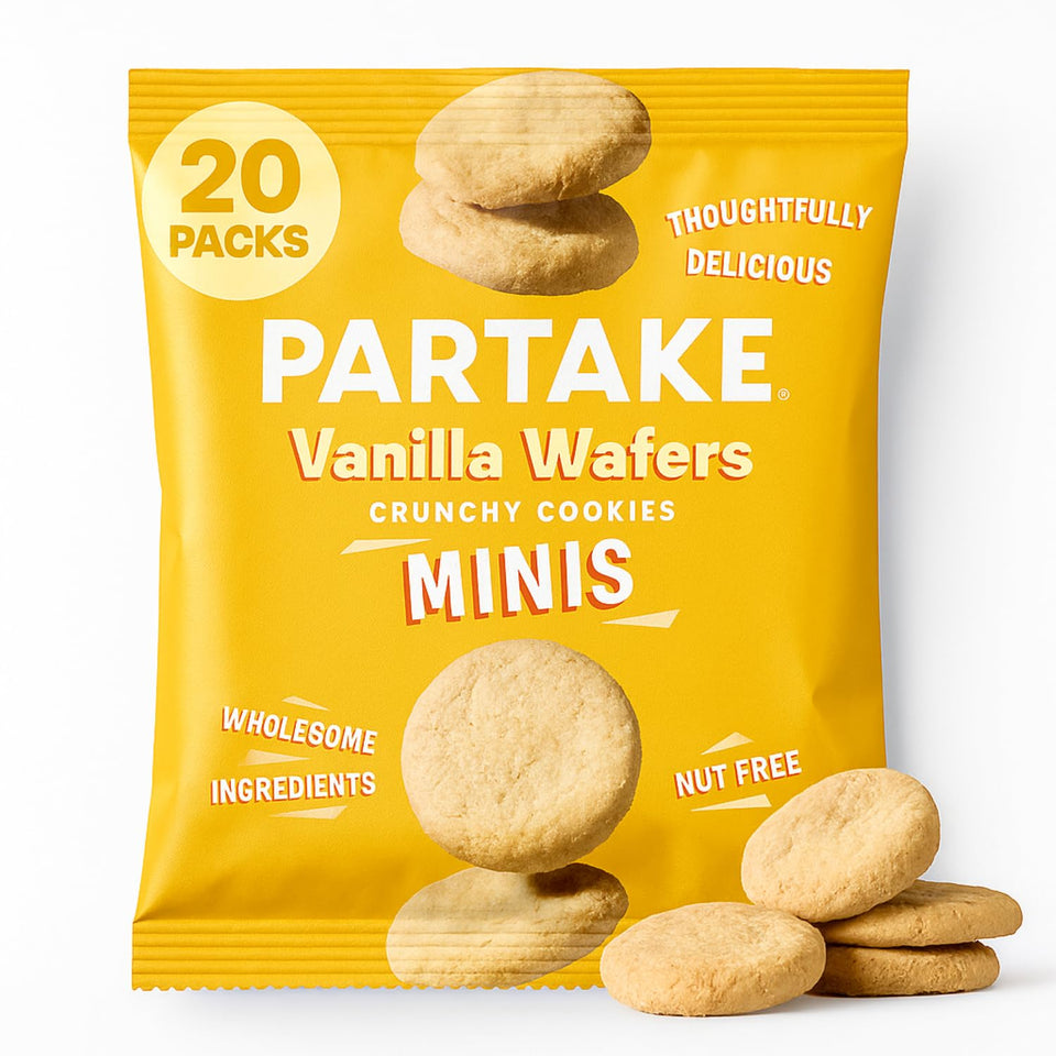 Partake Mini Classic Vanilla Wafer box-front view showing allergen-free snack for lunchboxes