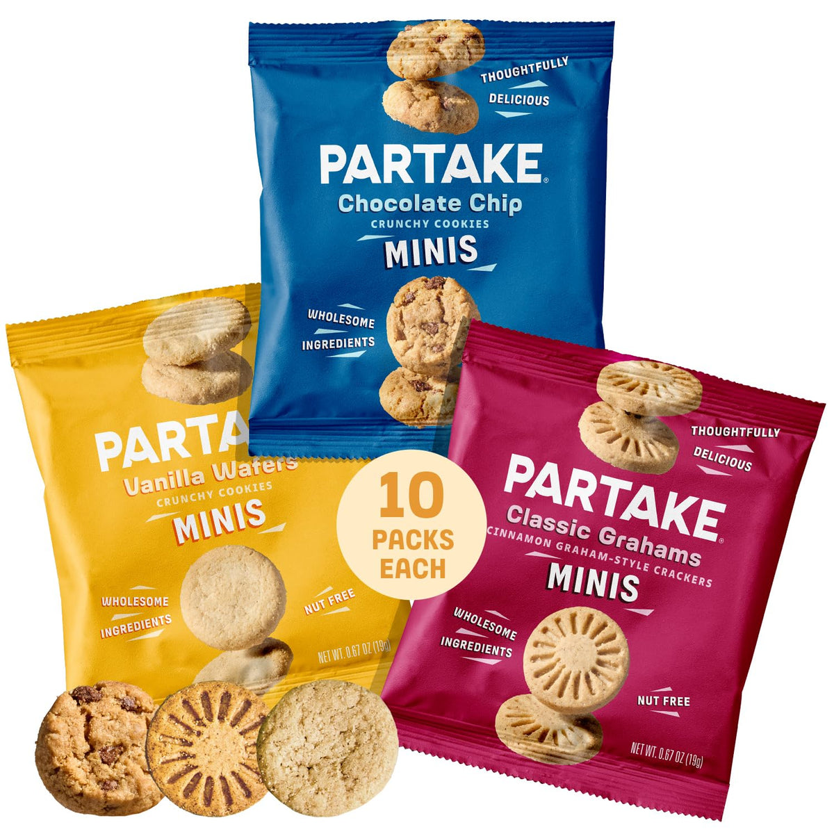 Partake Mini Crunchy Chocolate Chip Cookies, close-up, perfect nut-free snack for lunchboxes