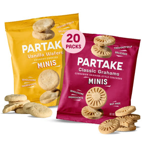 Partake mini graham cracker and vanilla wafer snack pack, gluten-free lunchbox treat.