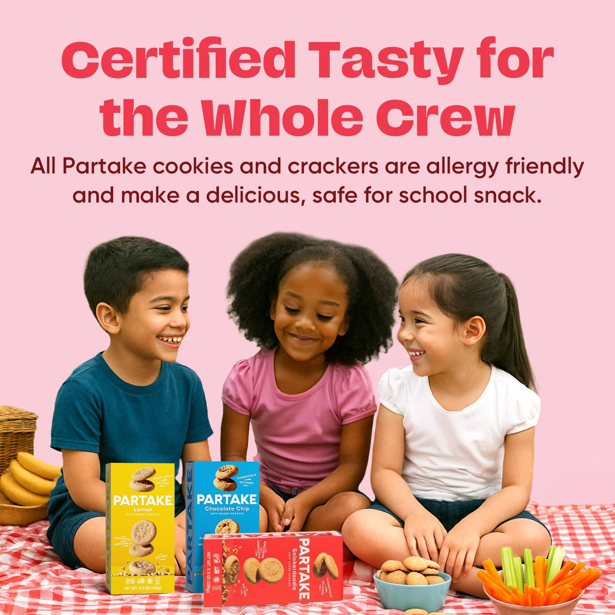 Partake packaging with individually wrapped cookies for on-the-go meals.